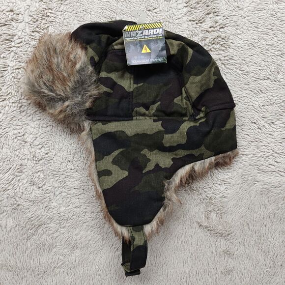 Camo Faux Fur Trim Lined Trapper Hat Kids Boys Size 4-7 - Picture 1 of 4